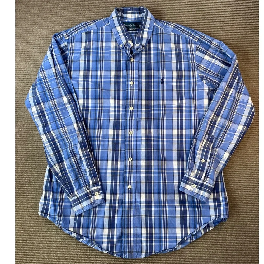 Polo Ralph Lauren Mens Blue White Plaid Classic Fit Cotton Button Down Shirt L